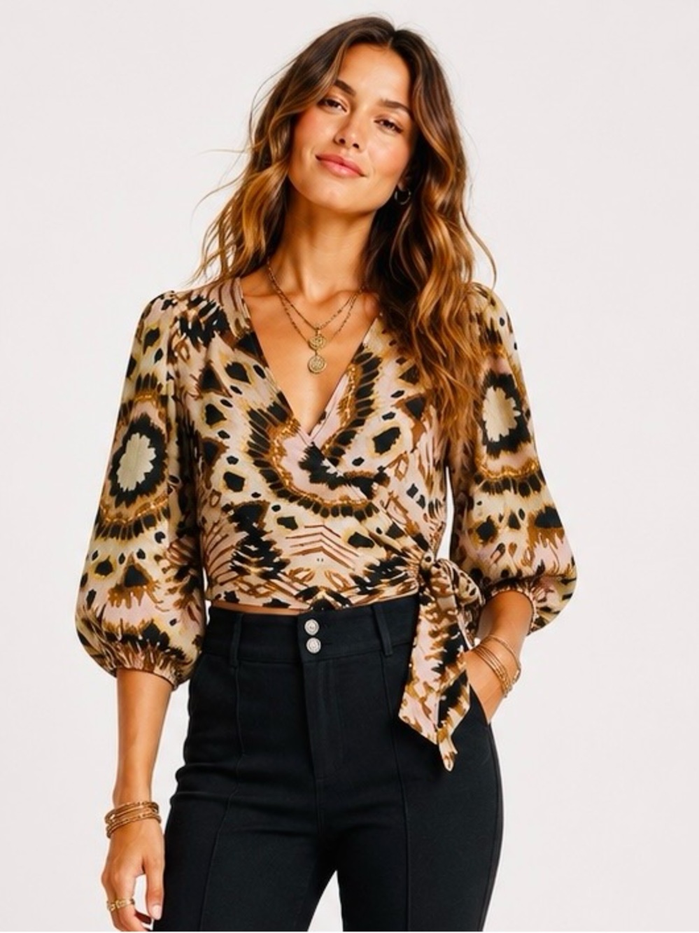 Rachel Zoe Wrapped Crop Top Blouse, Women's Size S Brown Multi NWT MSRP $75